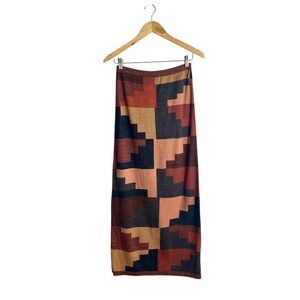 Peruvian Connection Pima Cotton Knit Geometric Block Print Maxi Skirt Boho FLAW